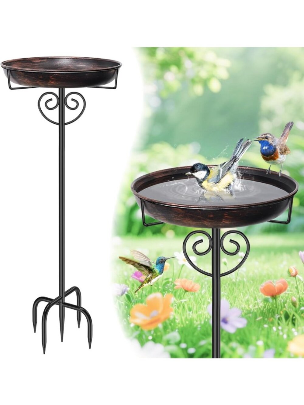 Vintage Bronze Freestanding Garden Bird Bath for Outdoor Decor & Wildlife